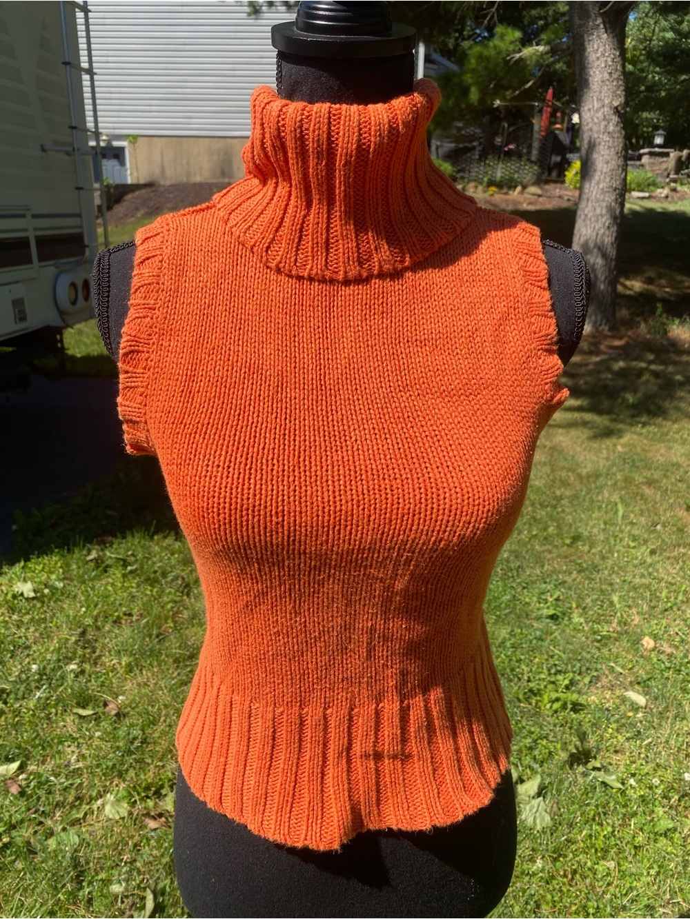 Red Paint Cotton Ramie Sleeveless Cowl Neck Knit Top Orange Vintage